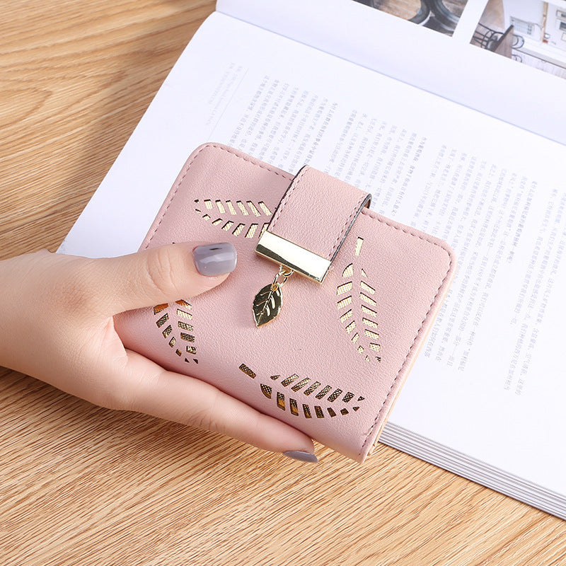 Women's Korean Style Short Zipper Hasp Hollow Leaves Ladies Wallet