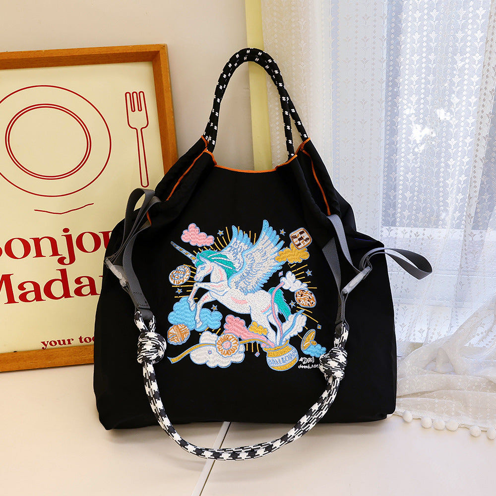 Lucky Horse Cartoon Waterproof Nylon Needle Embroidery Fashion Commuter Large Shoulder Bags