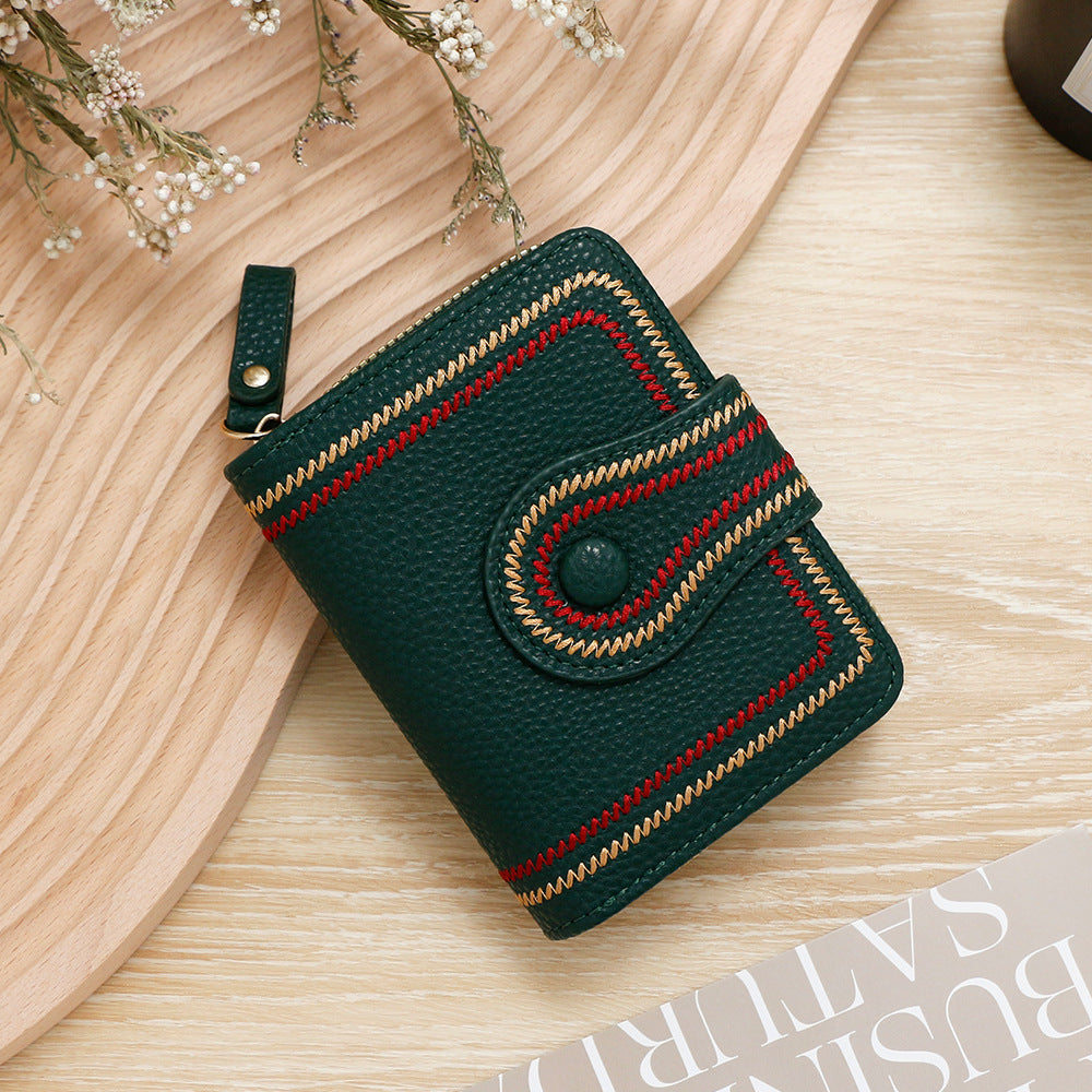Women's Korean Style Short Zipper Hasp Litchi Pattern Embroidered Solid Color Ladies Wallet