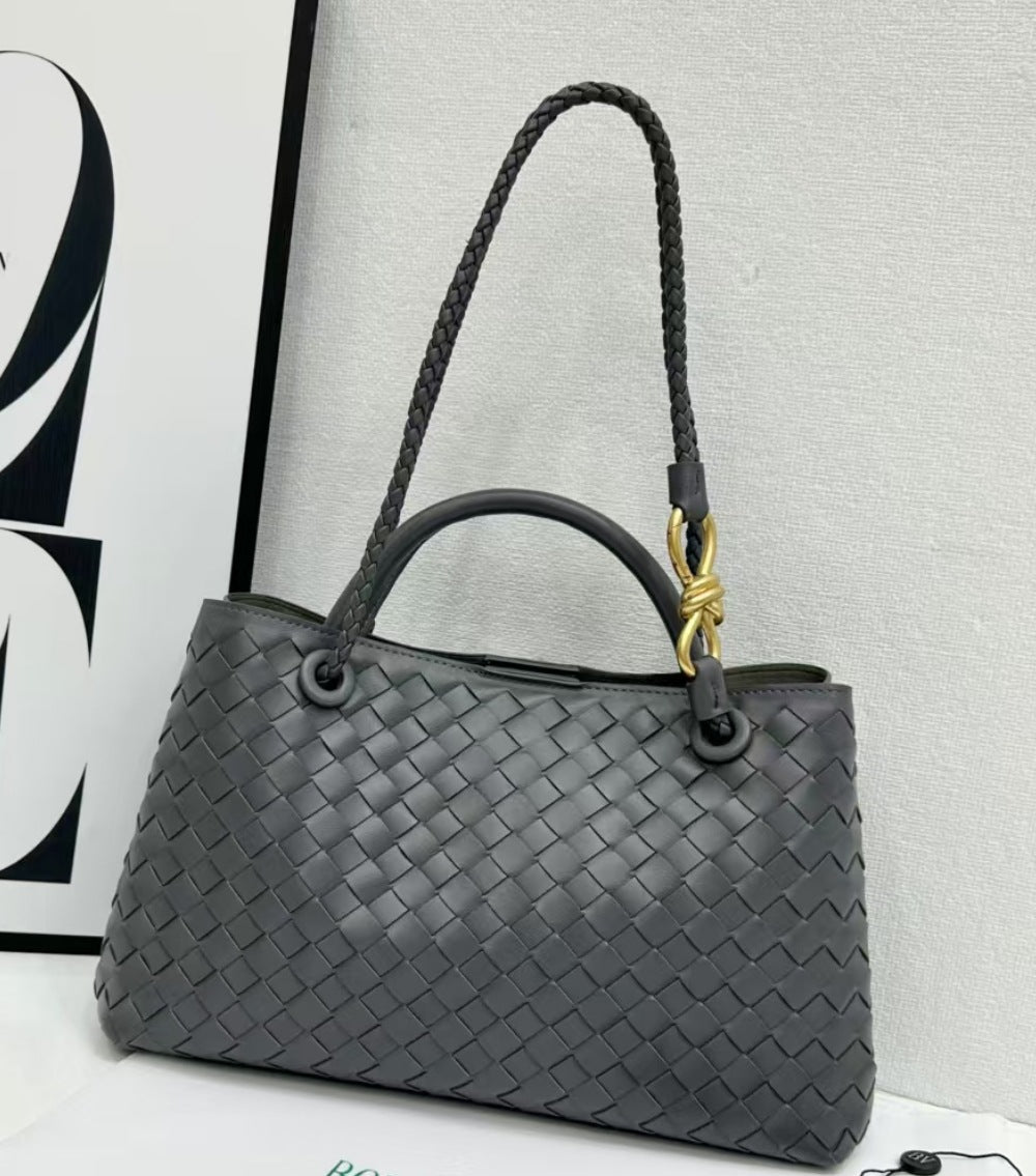Women's Genuine Leather Metal Cord Fastener Woven Handbags