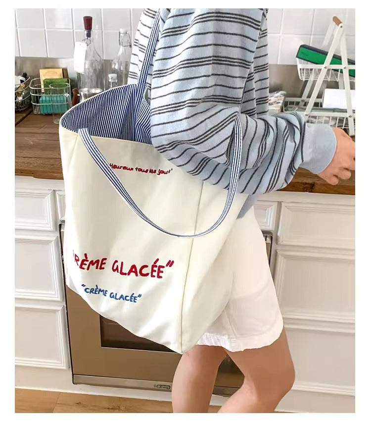 White Large Capacity Embroidered Double-sided Canvas Women's Shoulder Bag