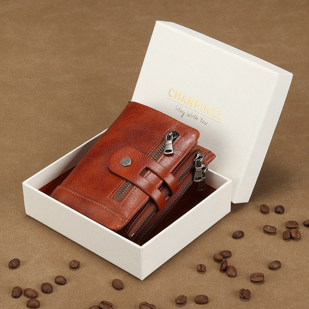 Men's Color First Layer Cowhide Double Zipper Multiple Slots Men's Wallets