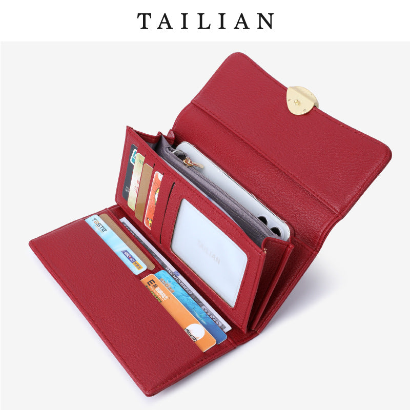 Durable Women's Lychee Pattern Three-fold Long Handbags