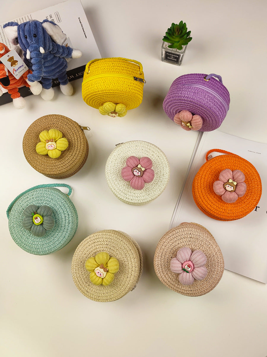 Children's Mini Straw Flower Woven Little Coin Purses