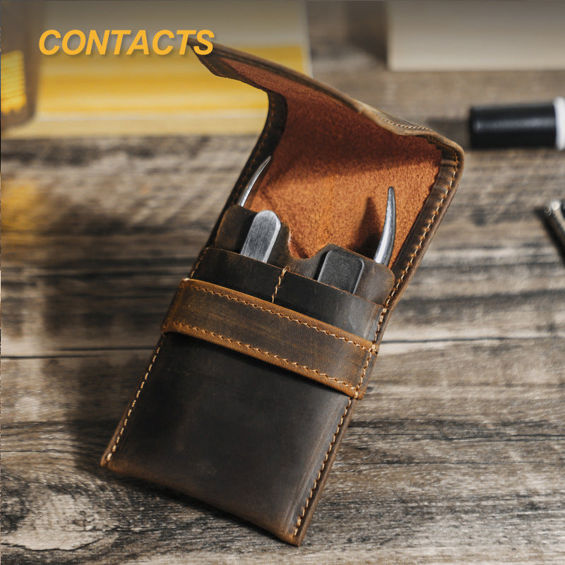Black Angel Retro Crazy Horse Leather Eyebrow Trimmer Tools Storage Makeup Bag