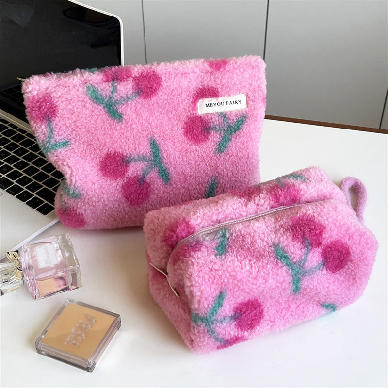 Plush Pink Cherry Sweet Storage Wash Makeup Bag