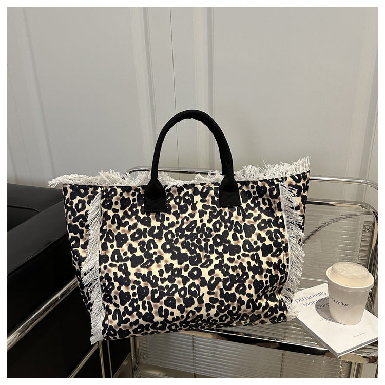 Capacity Leisure Leopard Print Canvas Printed Letter Commuter Portable Women's Shoulder Bag