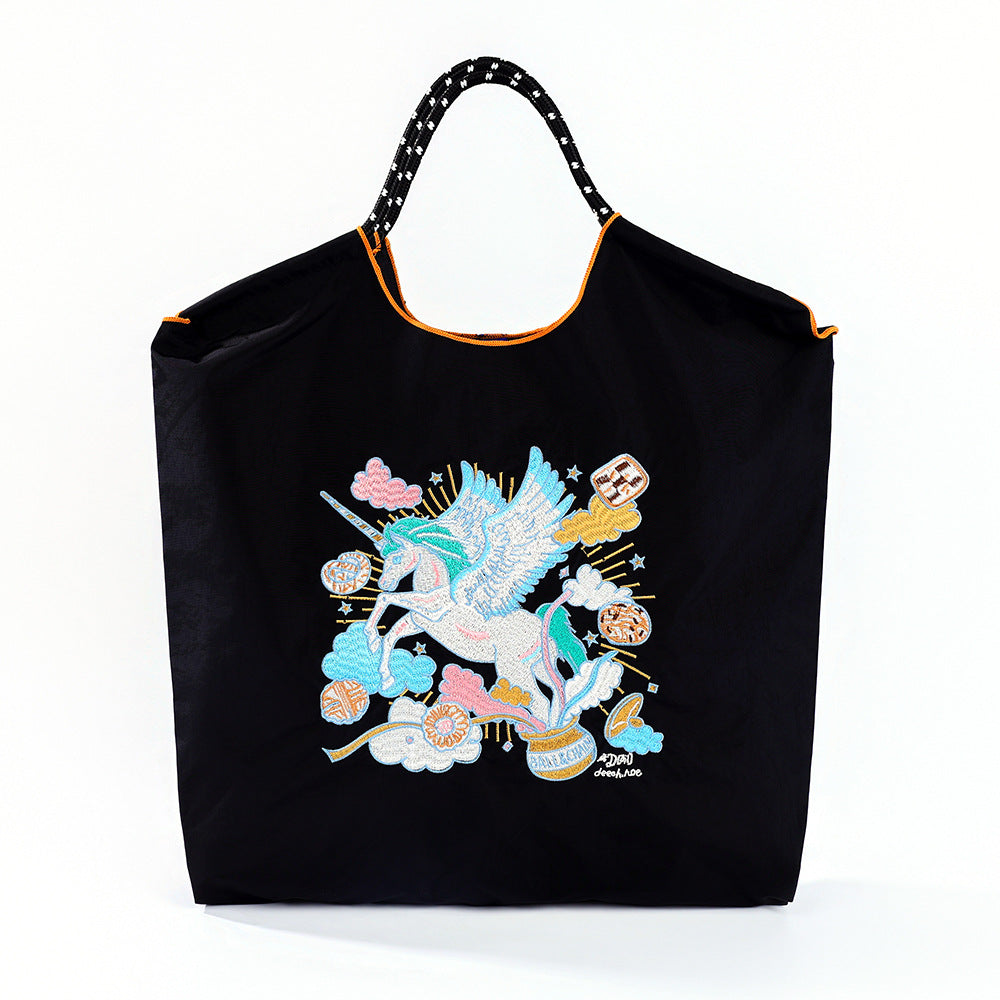 Lucky Horse Cartoon Waterproof Nylon Needle Embroidery Fashion Commuter Large Shoulder Bags