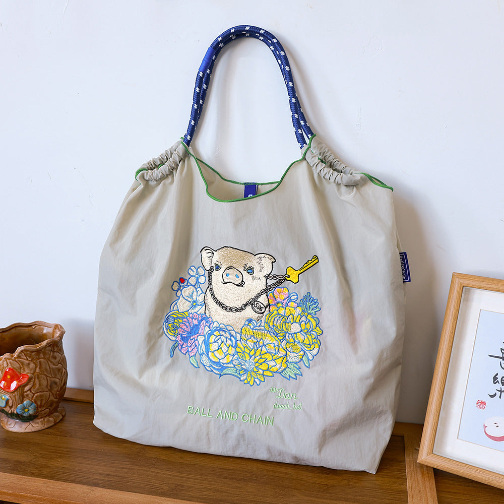 Women's Summer Needle Embroidery Nylon Large Capacity Shoulder Bags