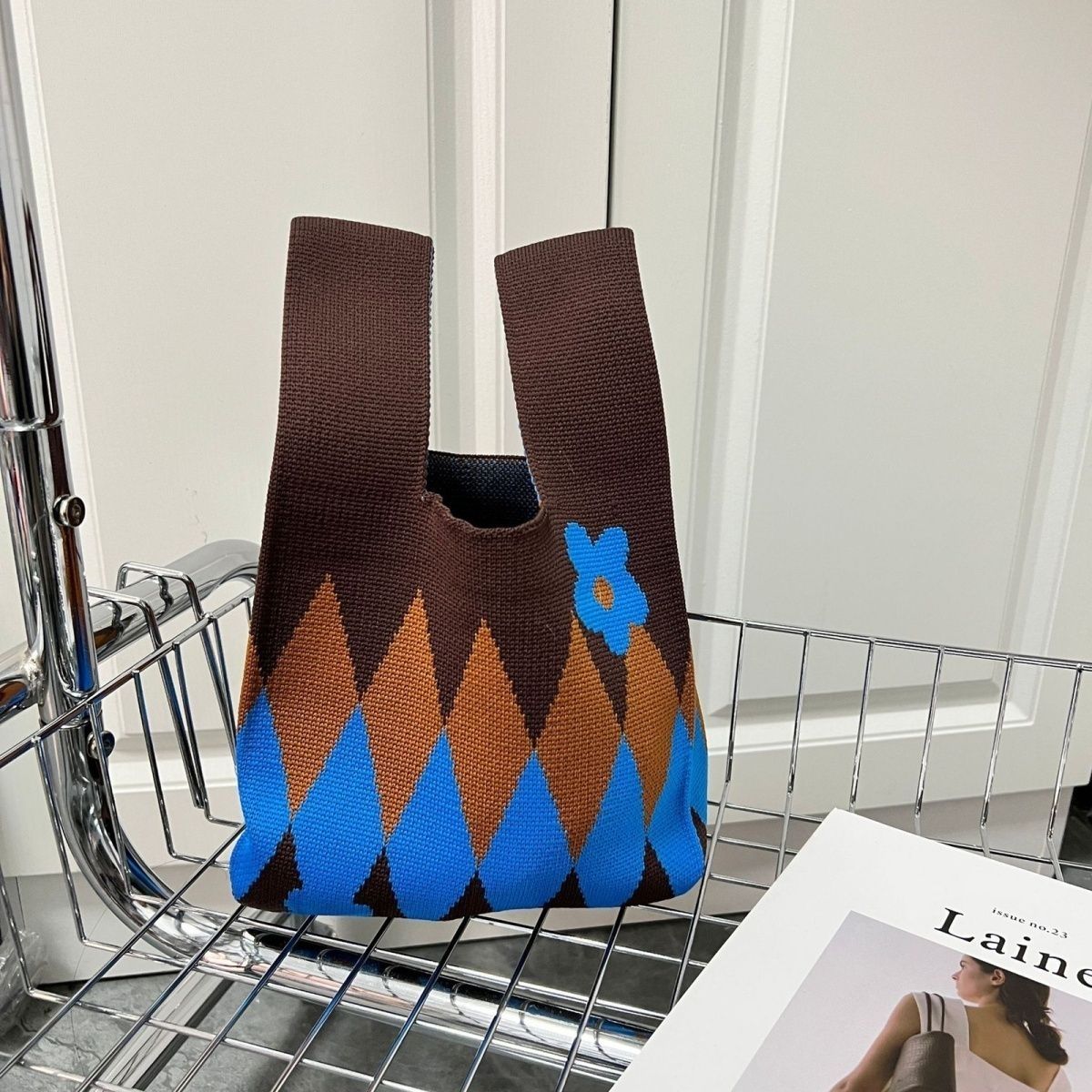 Women's Lattice Portable Knitted Large Capacity Contrast Handbags