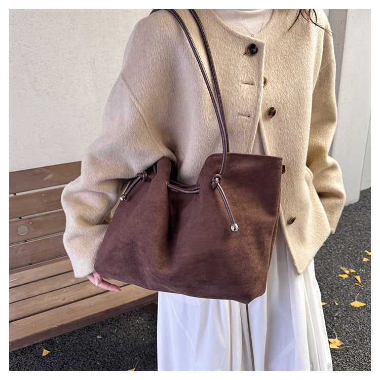 Suede Trendy Versatile Commuter For Drawstring One Women's Shoulder Bag