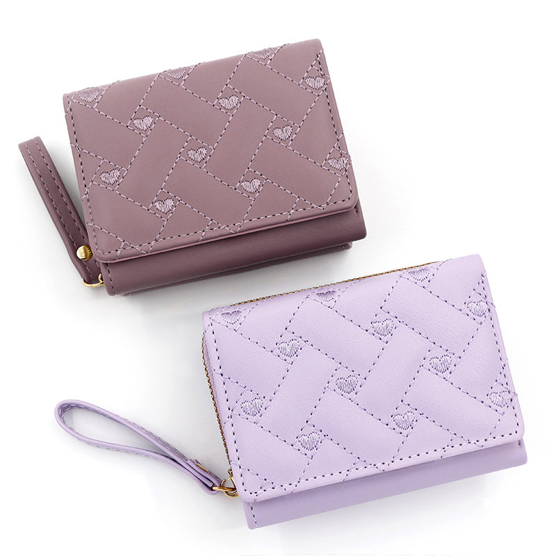 Women's Korean Style Sweet Heart-shaped Embroidered Short Zipper Clutch Solid Color Ladies Wallet