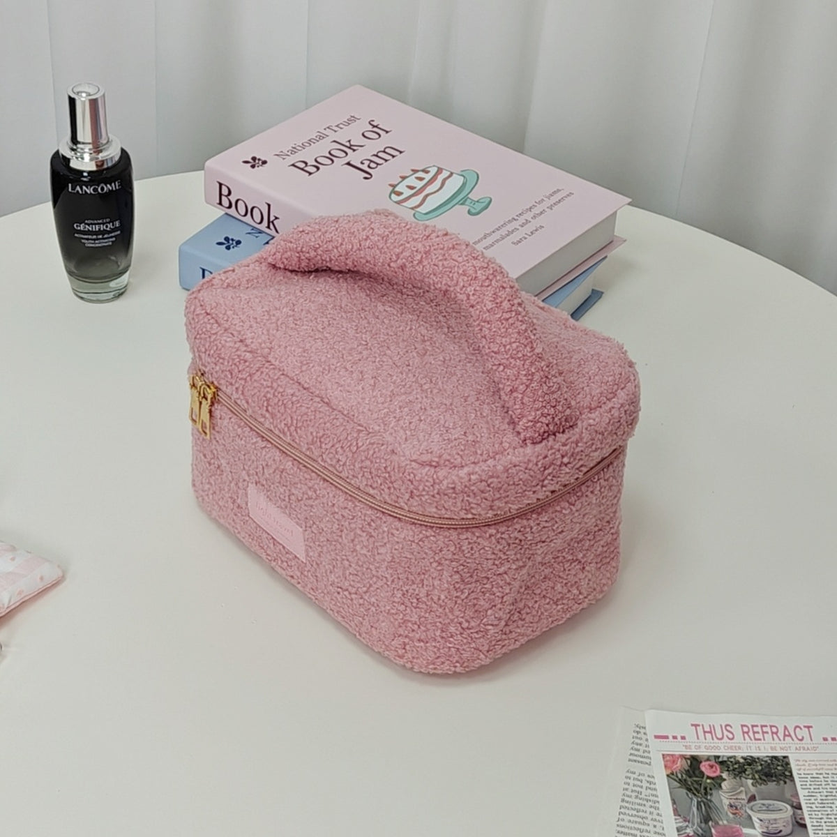 Simple Solid Color Furry Portable Large Capacity Toiletry Cosmetic Bags