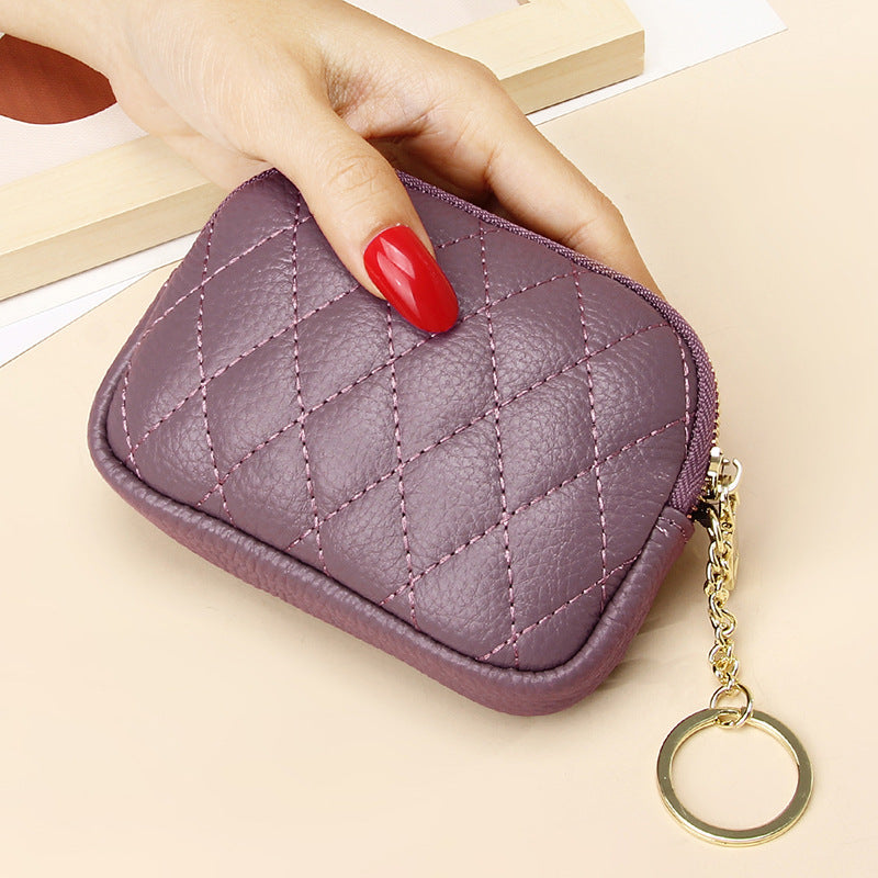 Cowhide Zipper Pocket Diamond Chain Mini Female Purses