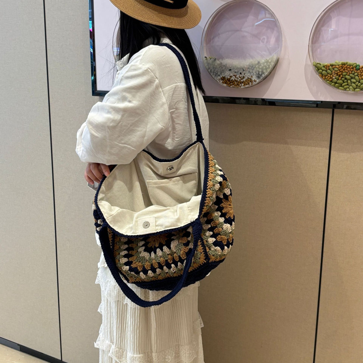 Women's Large Capacity Straw Single Grandma Plaid Women's Shoulder Bag