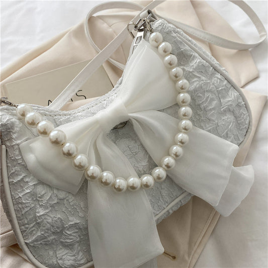 Women's Sweet Maiden Pearl Bow Fashionable Korean Shoulder Bags