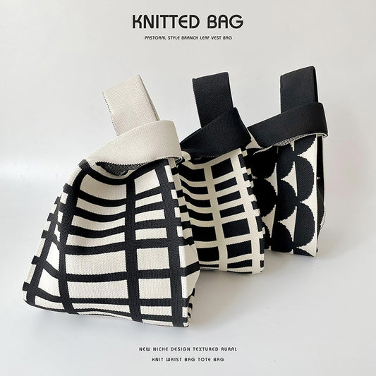 Black White Striped Knitted Hand Holding Versatile Bags