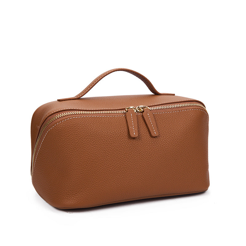 Women's Cowhide Textured Portable Toiletry Fashionable Leather Makeup Bag