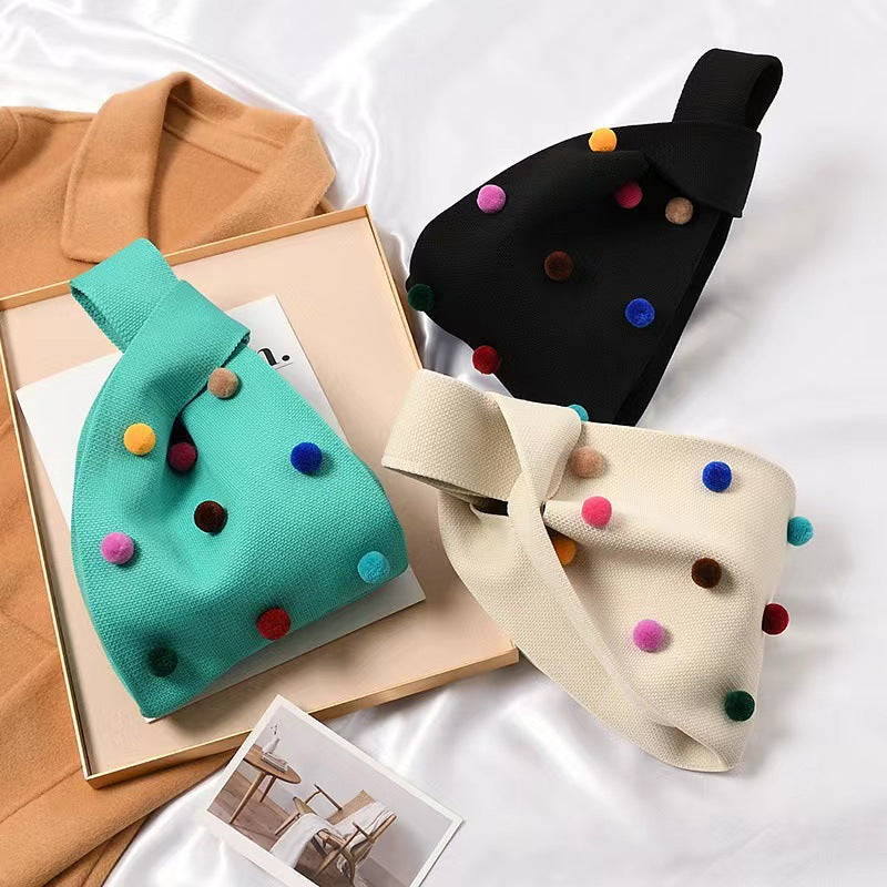 Durable Slouchy Colorful Pompons Knitted Ball Handbags