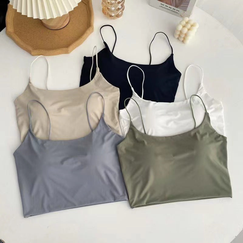 Women's Summer Silk Ice Camisole Top With Chest Pad Integrated Tanks Camis