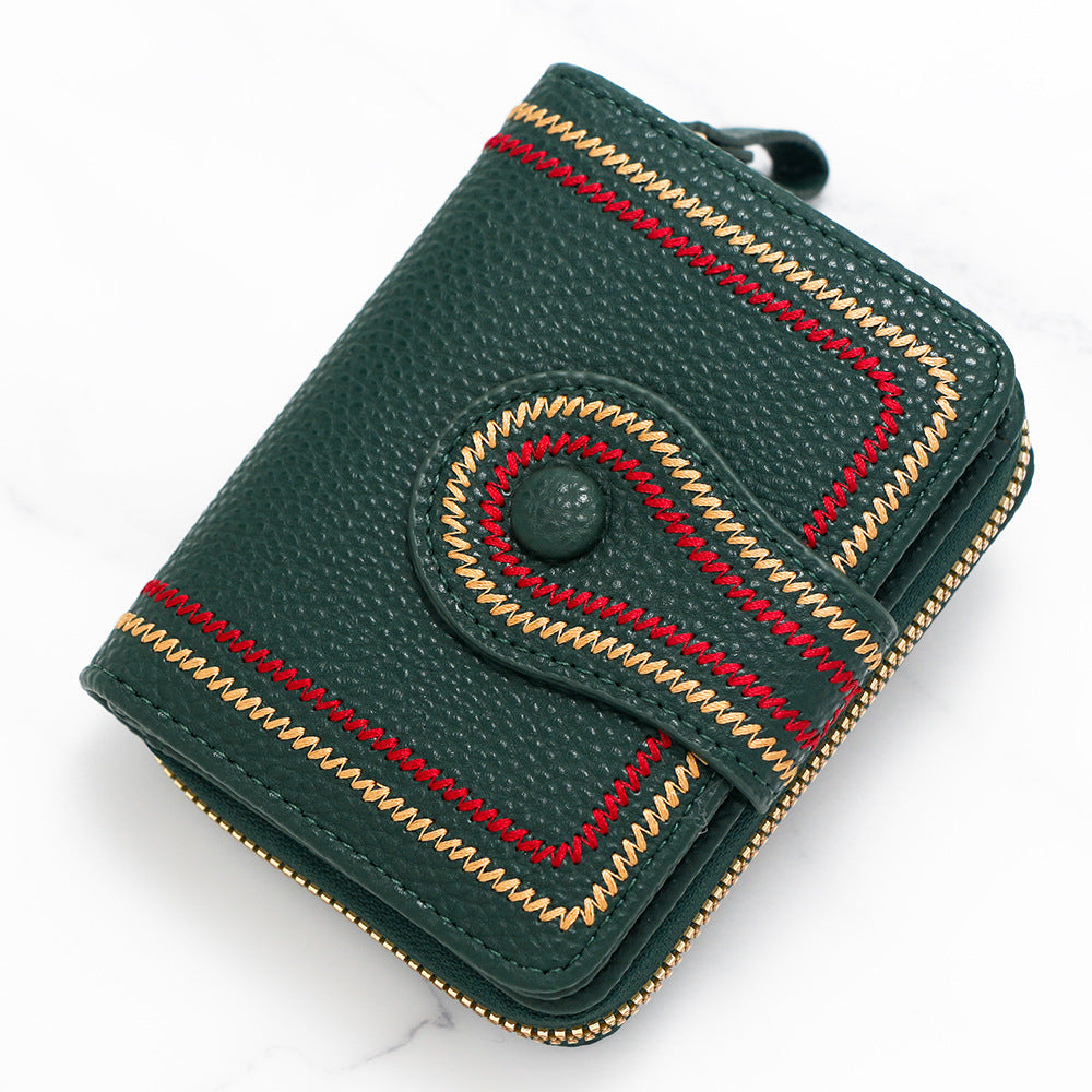 Women's Korean Style Short Zipper Hasp Litchi Pattern Embroidered Solid Color Ladies Wallet