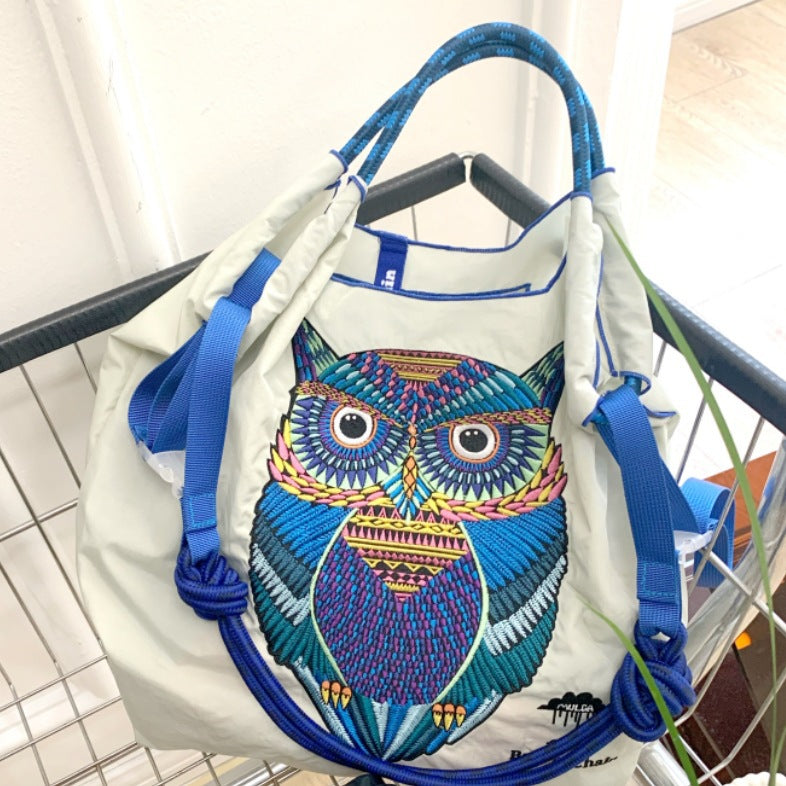 Owl Embroidery Green Shopping Nylon Cloth Waterproof Portable Women's Shoulder Bag
