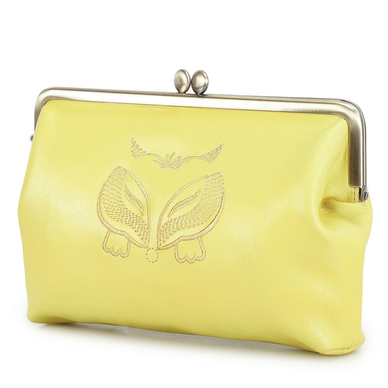 Women's Black Angel Full Grain Sheepskin Double Iron Hinge Embroidered Makeup Bag