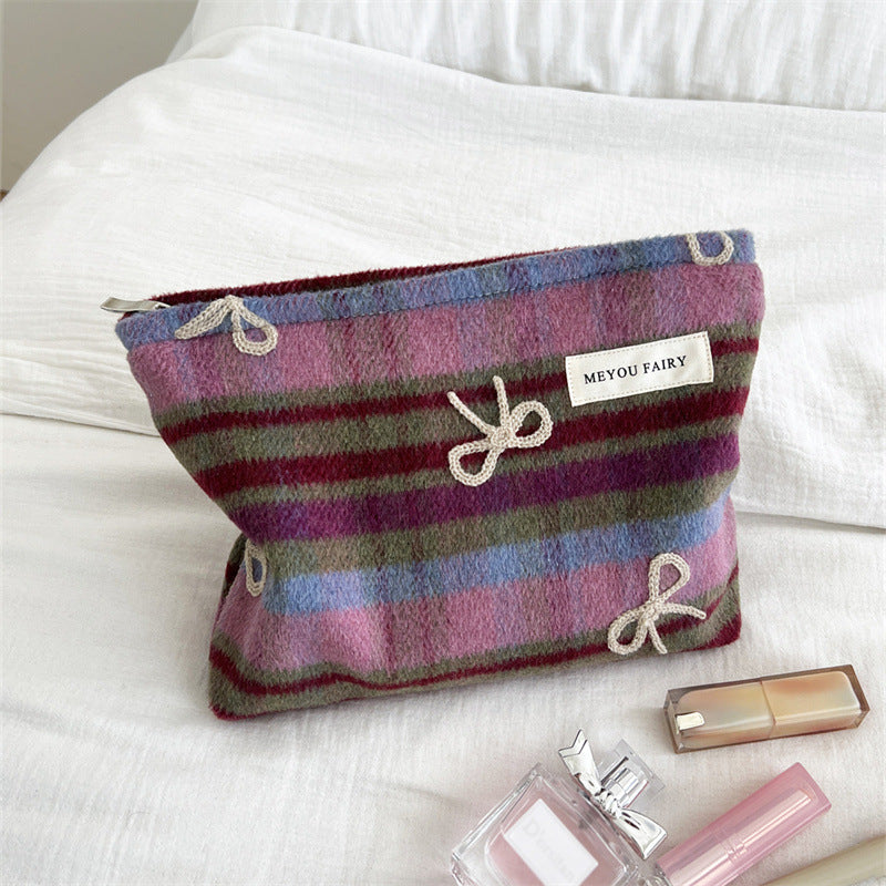 Embroidered Bow Plaid Valentine's Day Gift Wash Makeup Bag