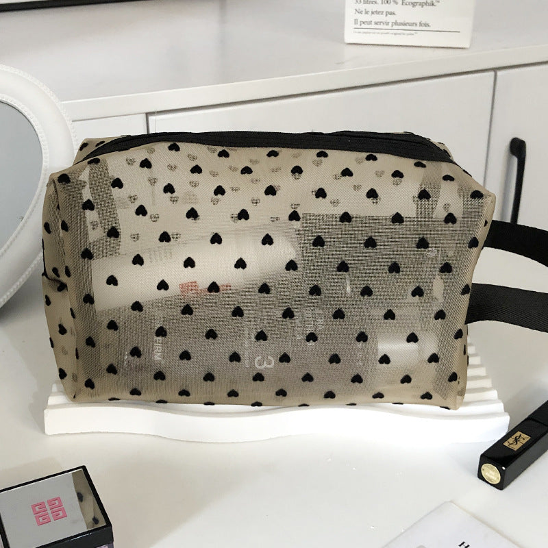 Flocking Pink Mesh Heart Portable Wash Cosmetic Bags