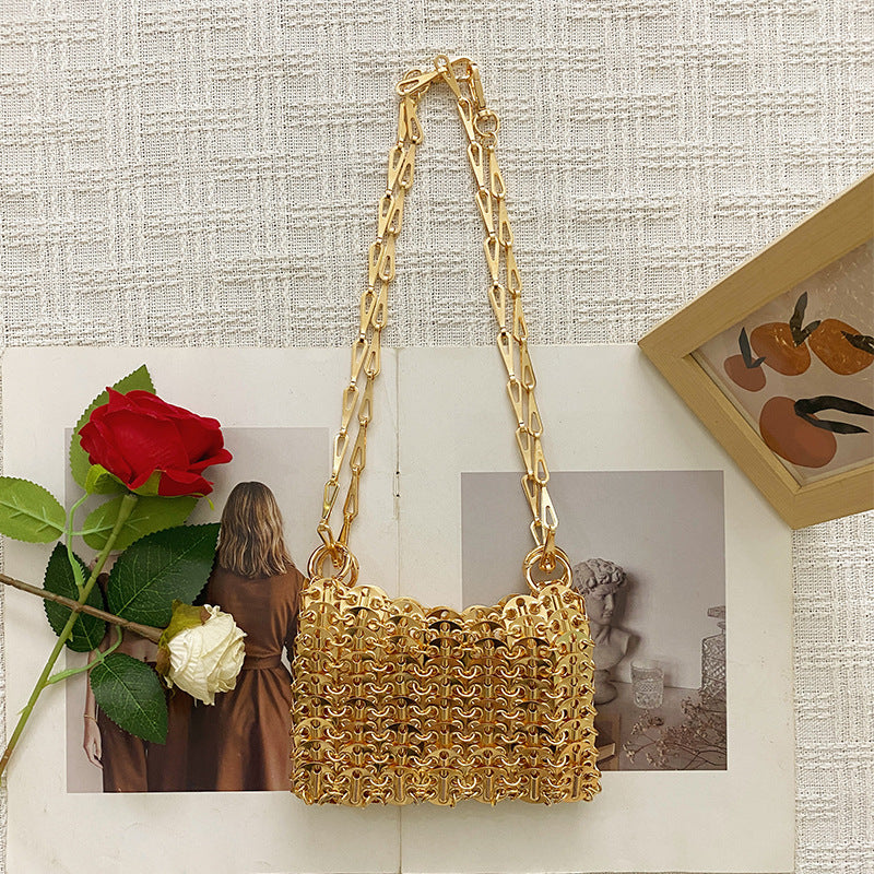 Women's Retro Metal Sequins Chain Hand-woven Sequin Underarm Mobile Phone Bags