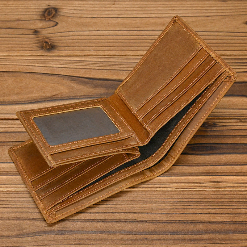 Men's Short Genuine Leather Crazy Horse Multiple Slots Trifold First Layer Men's Wallet