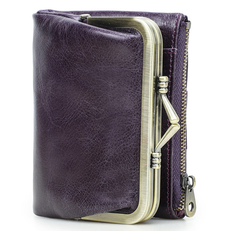 Women's Angel First Layer Cowhide Iron Hinge Short Leather Ladies Wallet