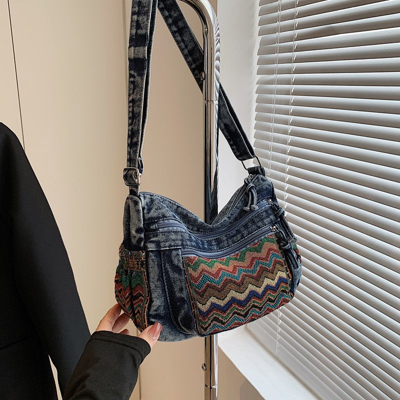 Retro Ethnic Style Embroidered Denim Commuter Large Capacity Female Women's Messenger Bag