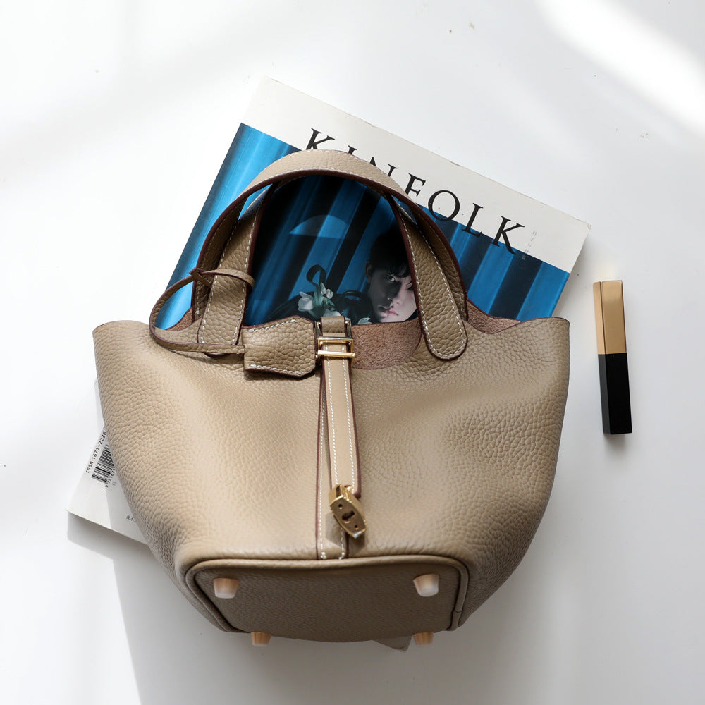 Women's Vegetable Basket Genuine Leather Commuter Lychee Pattern Handbags