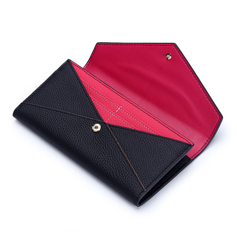 Women's First Layer Long Cowhide Contrast Color Fashion Stitching Large Ladies Wallet