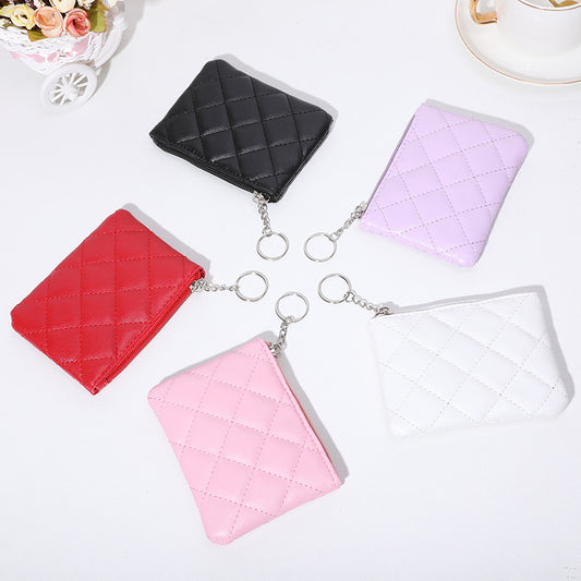 Women's Rhombus Embroidery Short Mini Zip Solid Purses