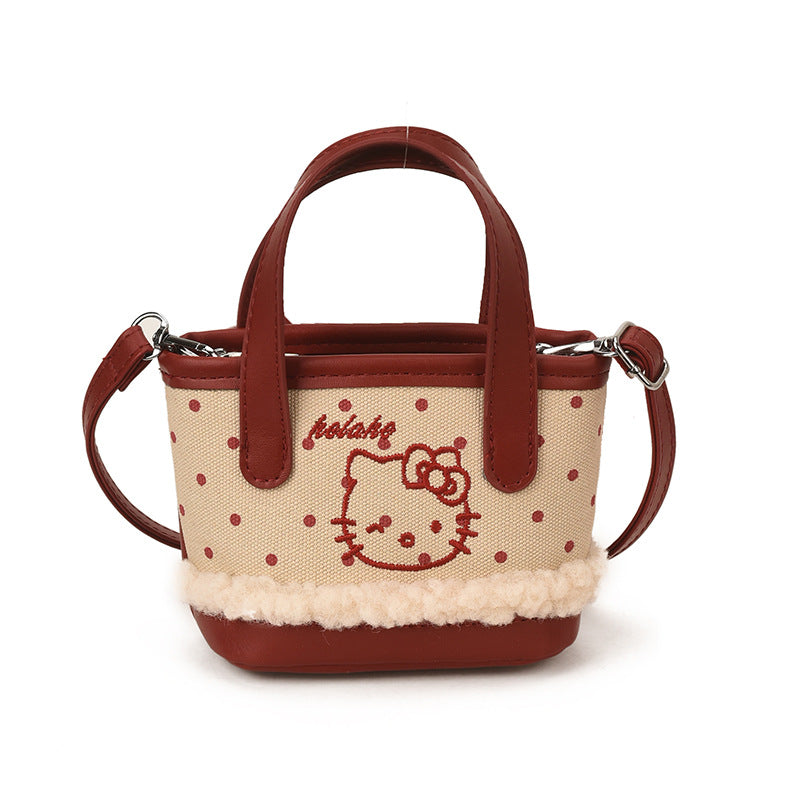 Women's Korean Style Cartoon Fashion Trendy Lamb Wool Cute Cat Embroidery Bags