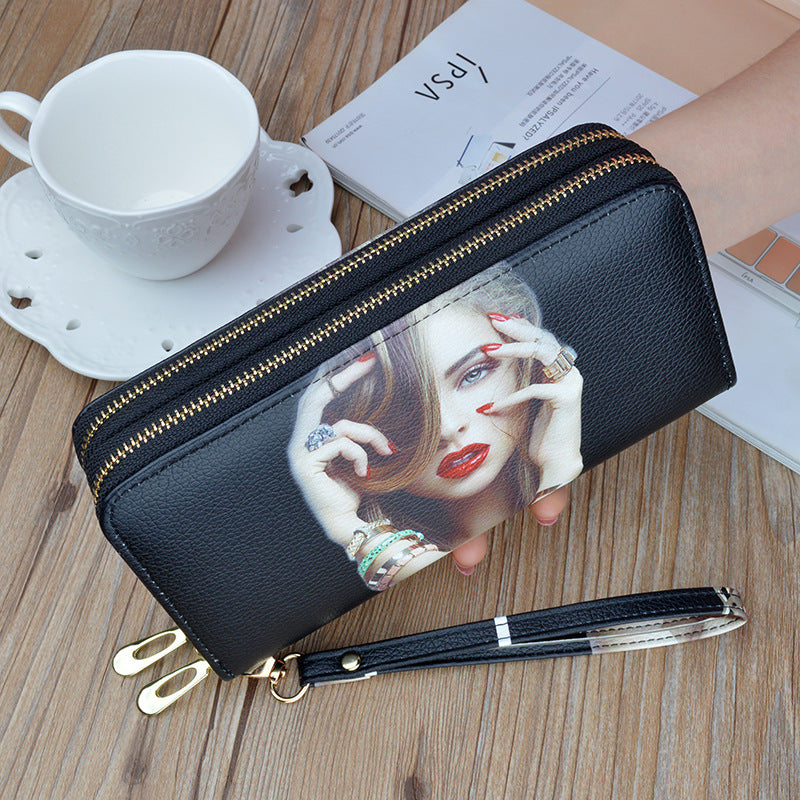 Women's Double Zipper Clutch Long Soft Leather Fashion Printing Purses