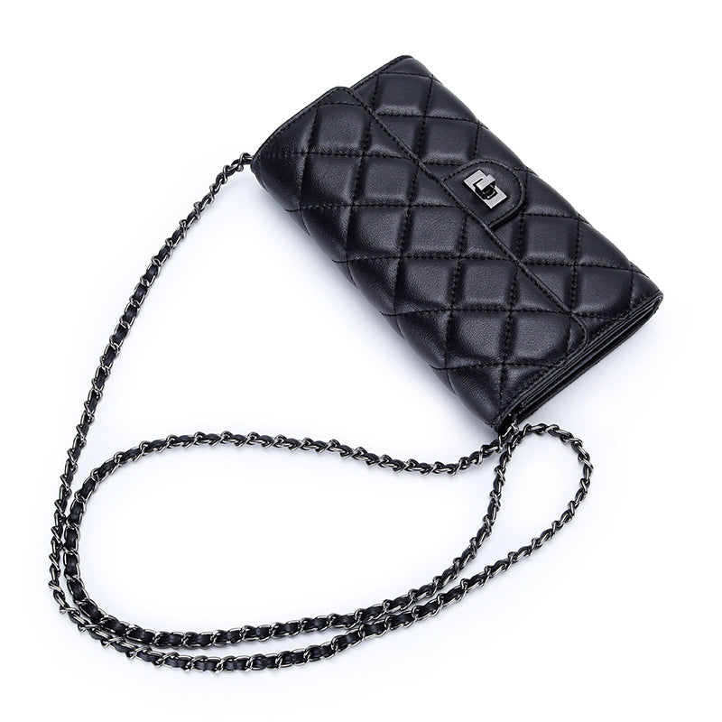 Women's Long Sheepskin Embroidered Classic Style Diamond Plaid Stylish Versatile Handbags