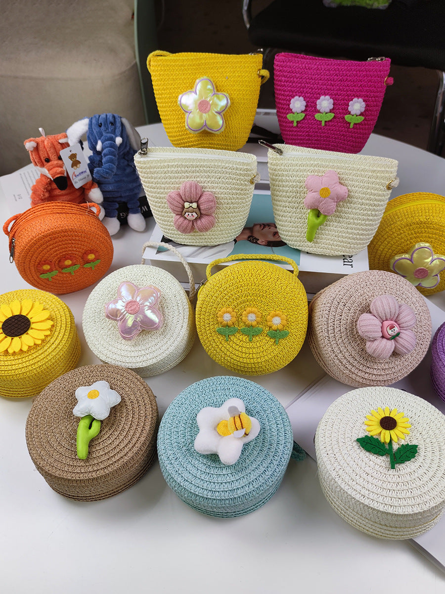 Children's Mini Straw Flower Woven Little Coin Purses