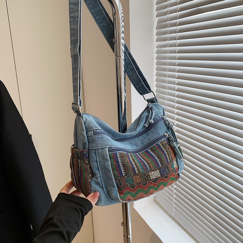 Retro Ethnic Style Embroidered Denim Commuter Large Capacity Female Women's Messenger Bag