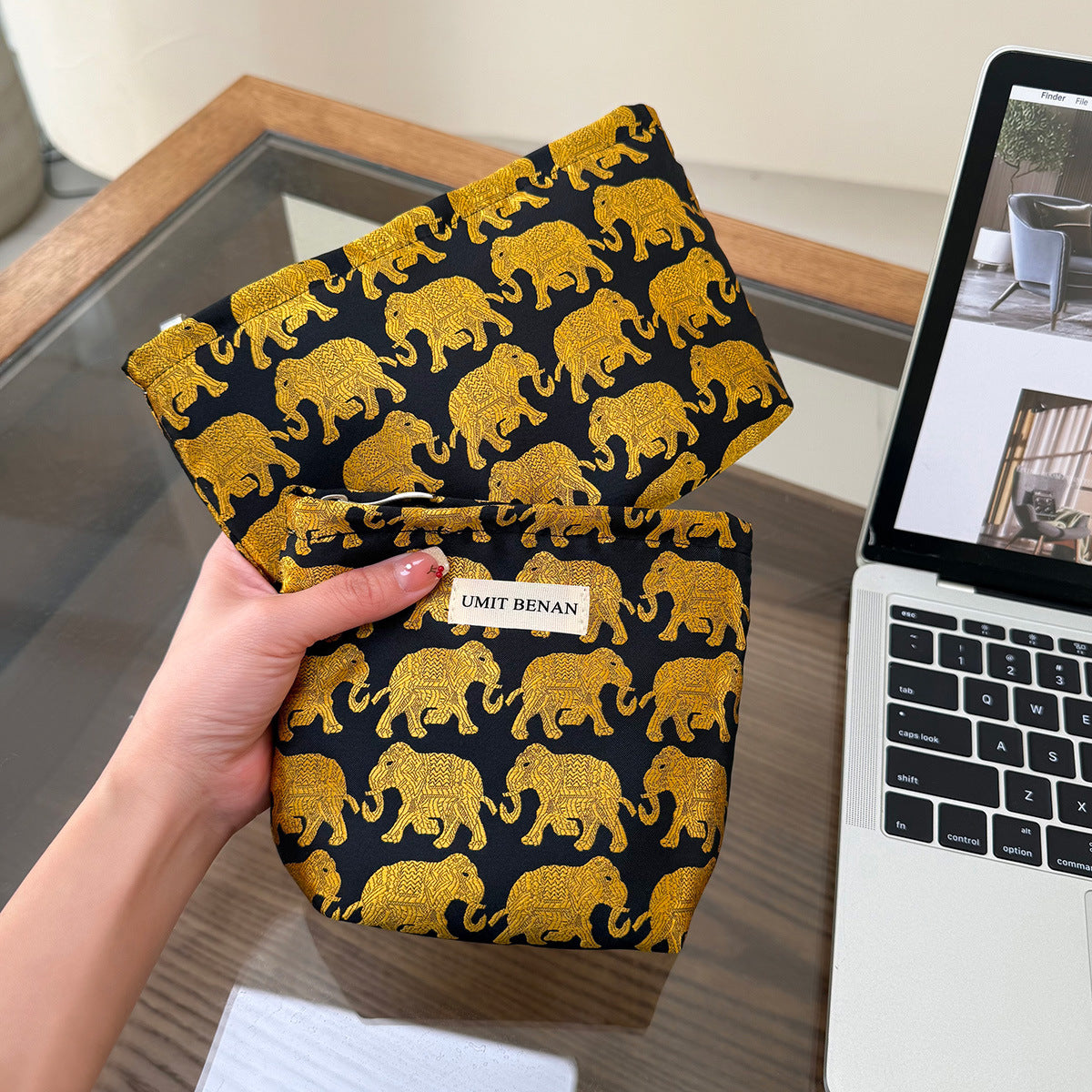 Gold Elephant Pattern Jacquard Lady's Portable Storage Large Capacity Bags