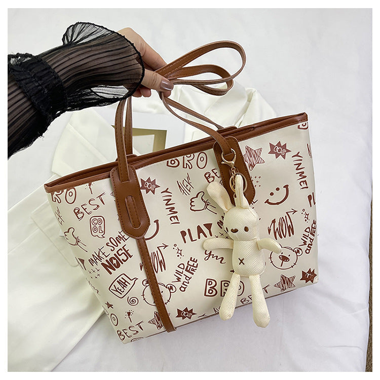 Contrast Color Big Female Cute Cartoon Printed Easy Matching Large Bags