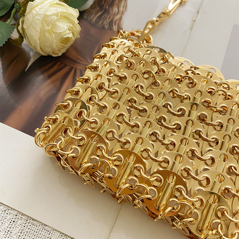 Women's Retro Metal Sequins Chain Hand-woven Sequin Underarm Mobile Phone Bags