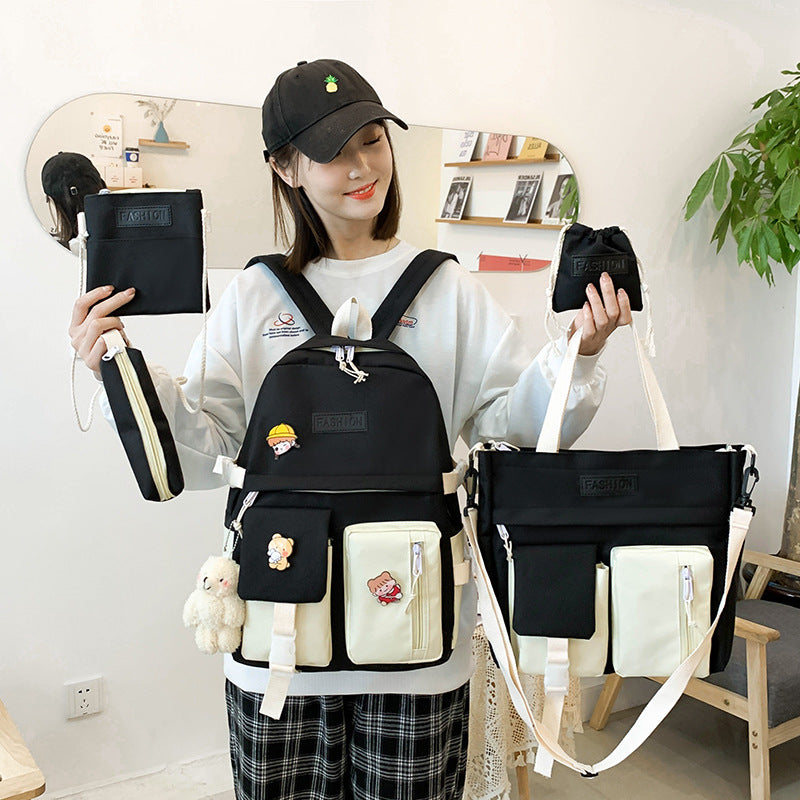 Women's College Korean Contrast Color Canvas For Junior Backpacks