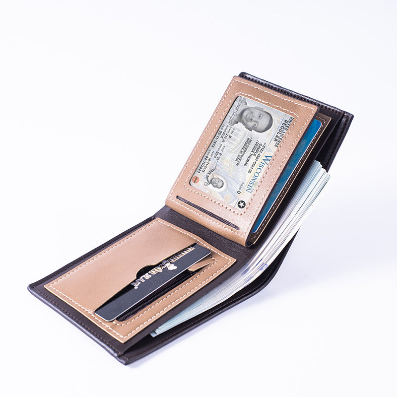 Men's Two-fold Leather Stitching Contrast Color Zipper Pocket Retro Fashion Men's Wallet