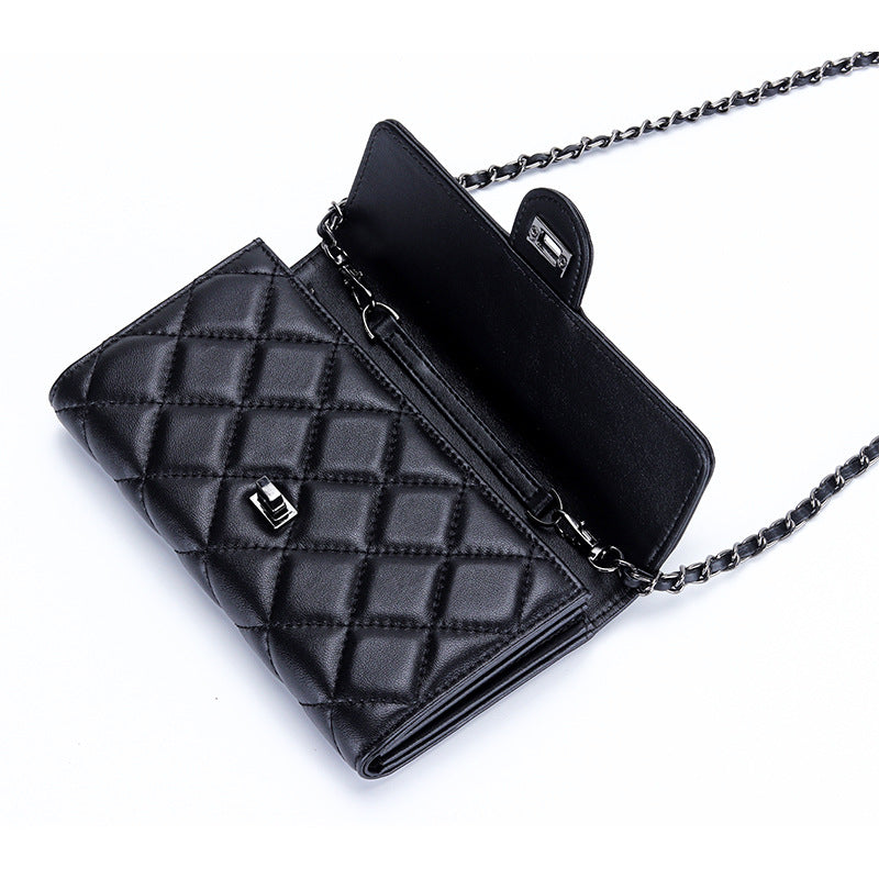 Women's Long Sheepskin Embroidered Classic Style Diamond Plaid Stylish Versatile Handbags