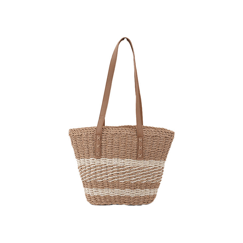 Capacity Straw Summer Stitching Contrast Color Fashion Vacation Bags