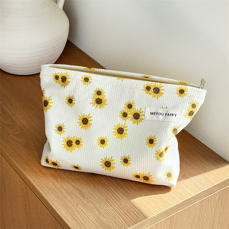 Corduroy Sunflower Large Capacity Wash Liner Clutch Zipper Bags