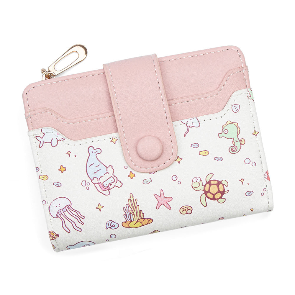 Fashion Cartoon Printed Large Capacity Zipper Female Two Fold Multiple Card Holder